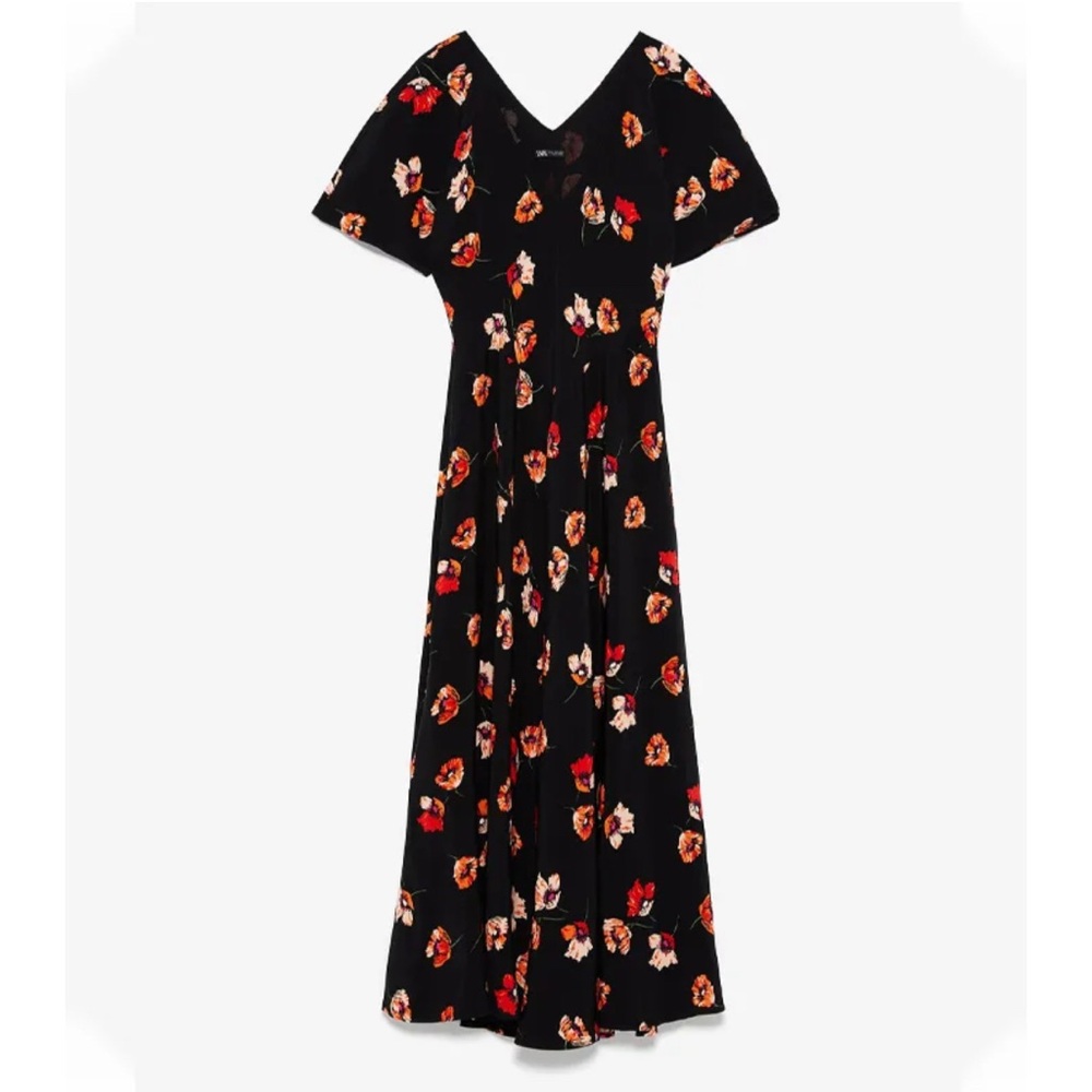 Zara Black Maxi Dress with Red Floral Pattern. NWOT. Size M.